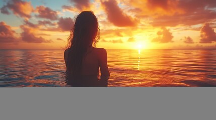 Fototapeta premium Sunset reflection over calm waters with a woman enjoying nature's beauty