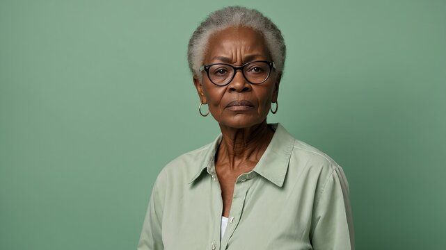elderly african female in casual wear on pastel color background model portrait looking serious for ad concept space for text