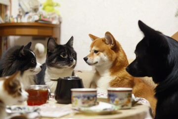 Group of domestic cats gathered around a table, possibly sharing food or socializing