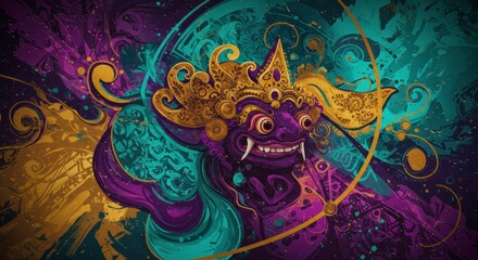 Mystical Balinese Guardian: A vibrant, abstract digital painting of a Barong, a Balinese mythological lion-like creature, rendered in rich jewel tones of purple, teal, and gold.