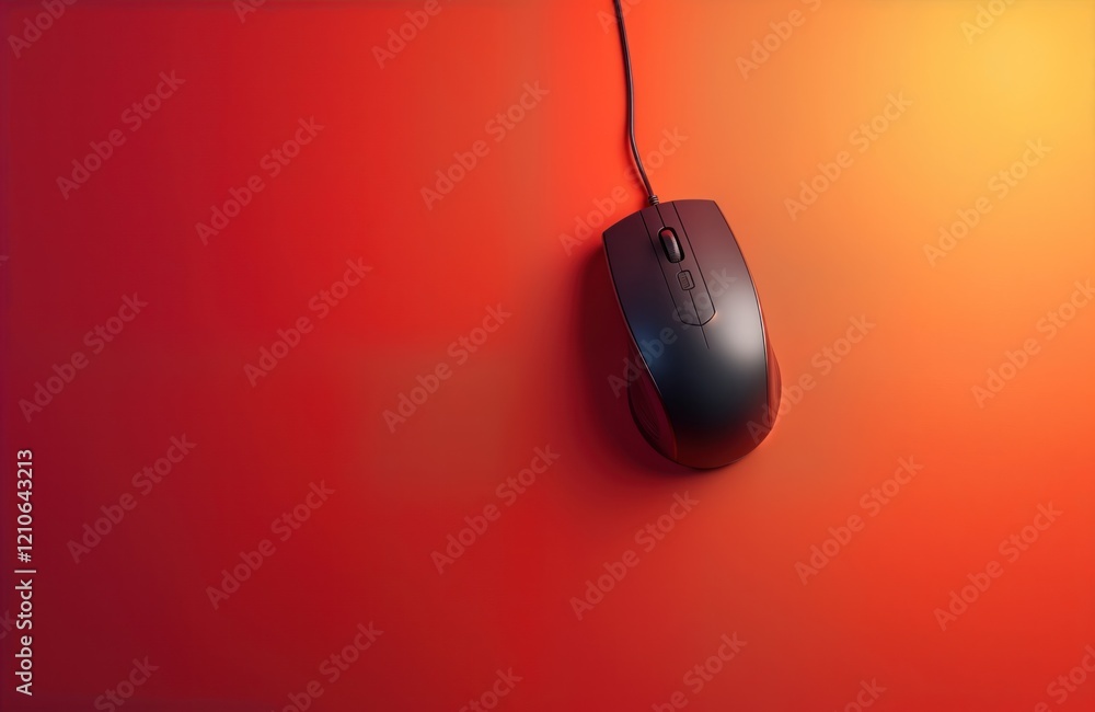 Poster black computer mouse sits on red-orange abstract background. simple tech item on modern backdrop. mo