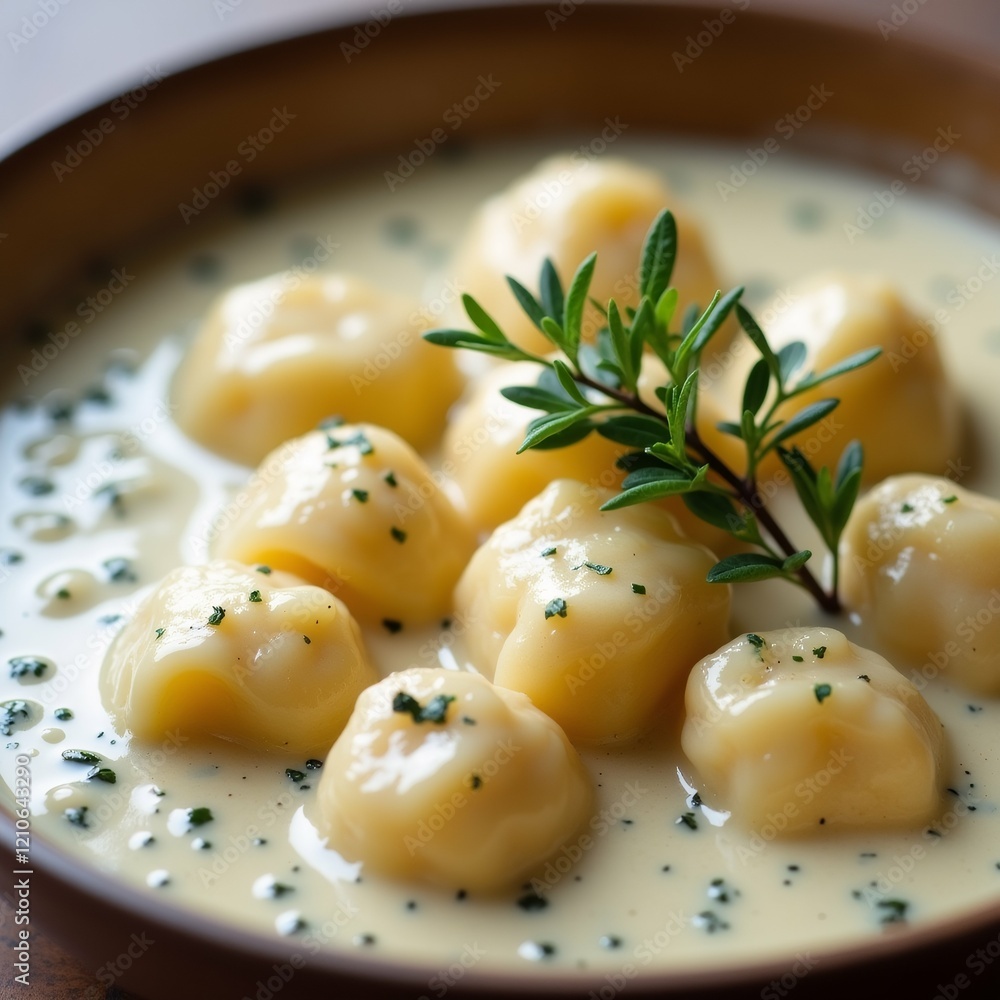 Poster the image shows a bowl of creamy soup with small dumplings in it. the soup appears to be a creamy ye