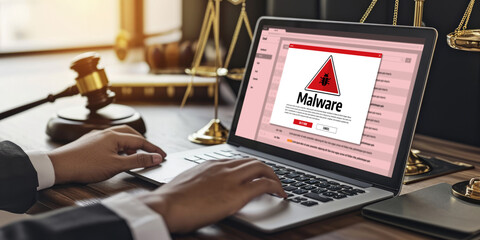 Cyber attacking concept. Malware alert showing on computer screen display scam and threat detection on computer system or online server to be removed brisk.