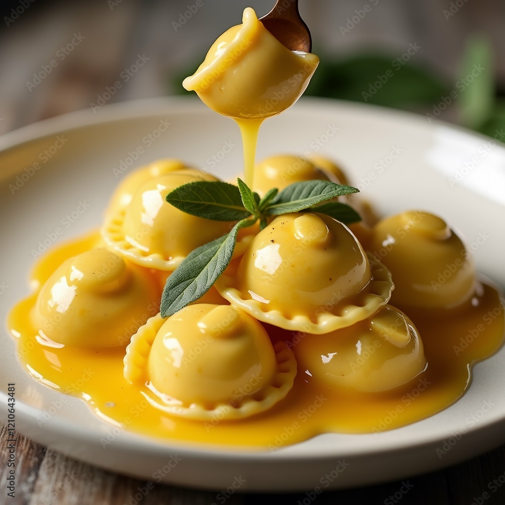 Poster the image shows a plate of ravioli with a drizzle of yellow sauce on top. the raviolis are arranged 