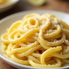 The image shows a plate of spaghetti on a wooden table. The spaghetti is cooked al dente and is covered in a light yellow sauce. The dish is garnished with grated parmesan cheese.