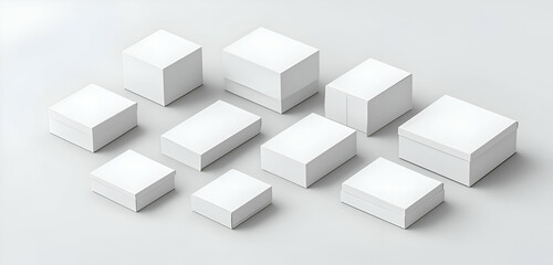 A set of blank white boxes arranged neatly, ideal for product packaging mockups for various industries or custom designs.