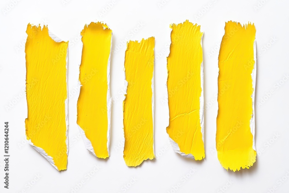 Poster an abstract composition of vertically torn strips of bright yellow paper arranged in a row