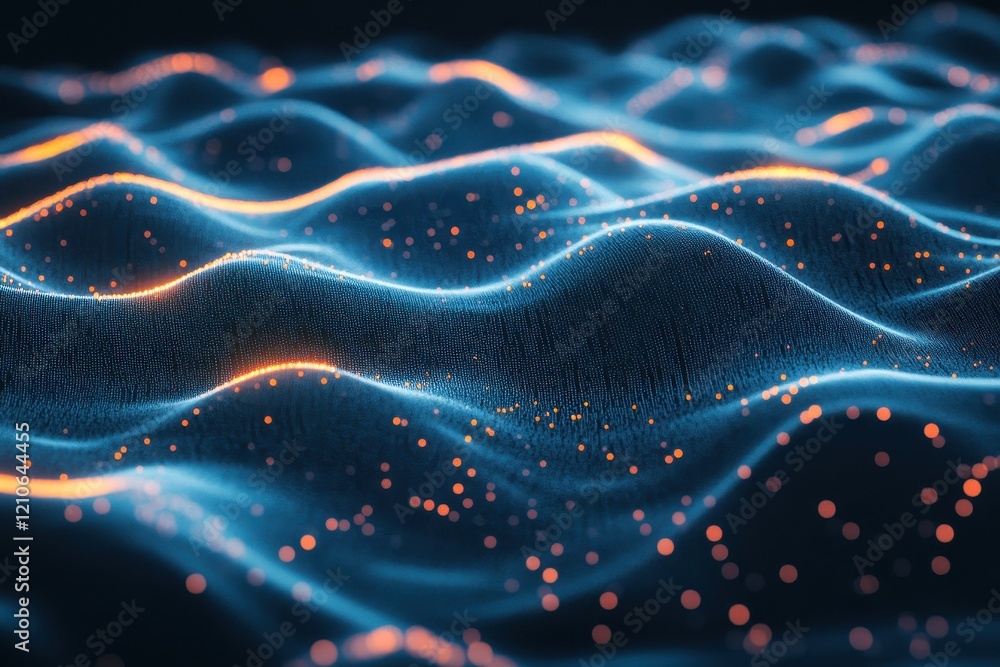 Poster abstract glowing blue waves consisting of numerous interconnected digital lines and dots flow across