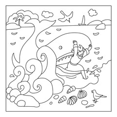 Obraz premium Иллюстрация Biblical history. Jonah and the big fish. Coloring book for children 