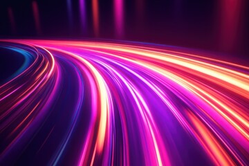 A high-speed motion blur effect with vivid light trails in neon purple, red and orange streaks shooting across a dark background