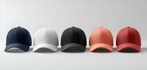 A set of five cap mockups in a variety of colors and styles, each displayed with clean lines and...