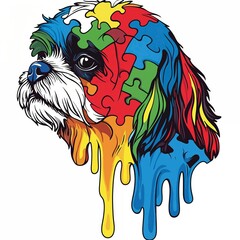 Colorful puzzle design features a dog with vibrant dripping paint