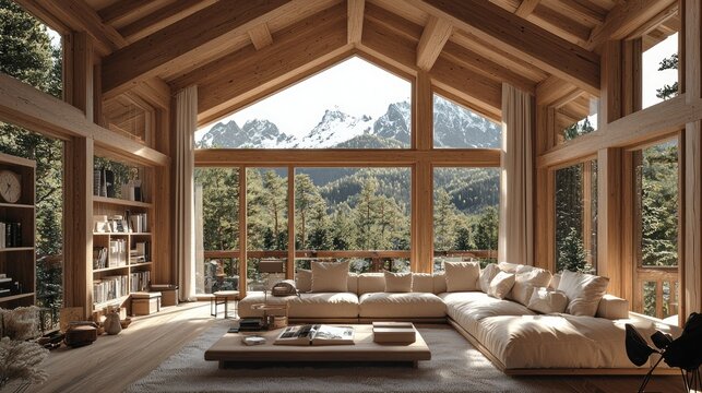 Fototapeta Mountain view living room, chalet, serene, wood interior, design