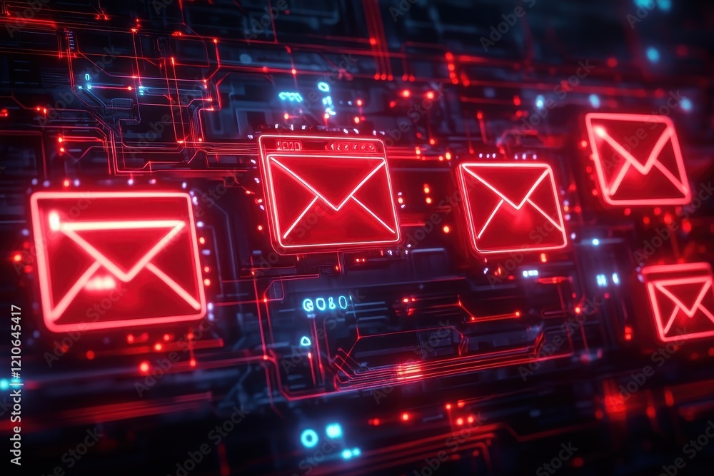 Poster multiple glowing red email icons are displayed on a futuristic digital interface filled with interco