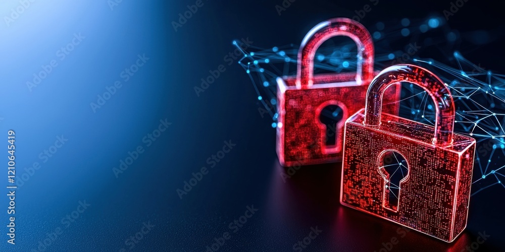 Poster two glowing red digital locks symbolize cyber security and data protection.