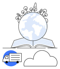Globe with foliage on top of an open book, blue and white delivery truck icon, and cloud. Ideal for education, sustainability, environmental awareness, global delivery, cloud storage, ecological