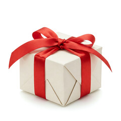 Gift box with red ribbon bow, isolated on white