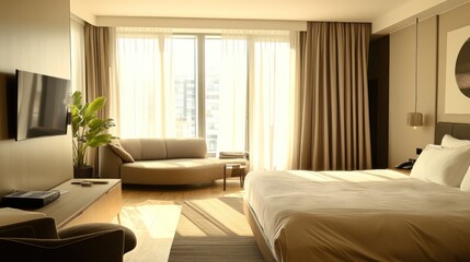 Fototapeta premium Luxurious Hotel Room with Sunlight Streaming Through Large Windows