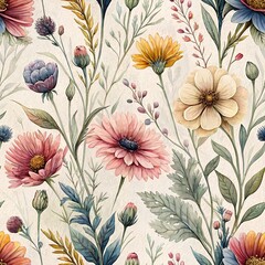 Watercolor seamless pattern of a vibrant arrangement of different flowers including daisies, blossoms, and wildflowers creates a fresh atmosphere. Generative AI