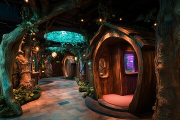 Naklejka premium Magical mural enchanted forest themed wooden house bed for kids