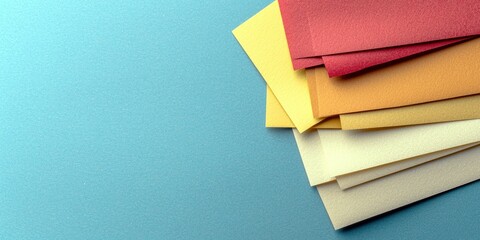 Colorful stack of paper sheets in warm tones against a blue background.
