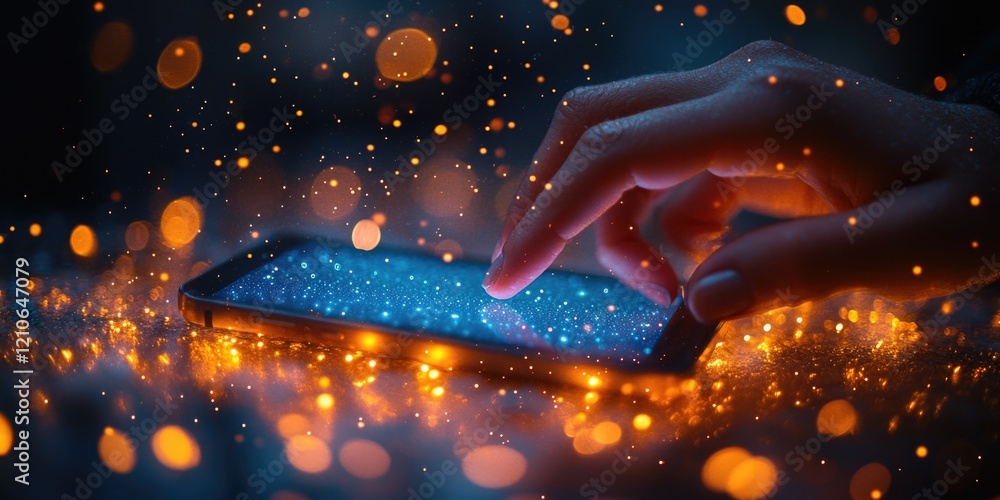 Poster a person sitting at a table using a smartphone with a cityscape or landscape in the background