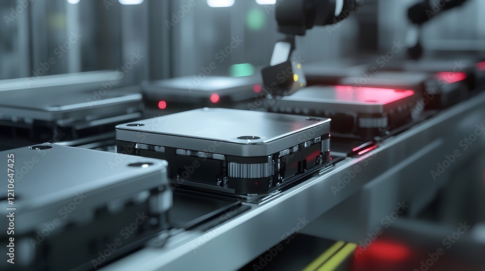 Poster advanced technology robotic assembly line modern industrial production high tech manufacturing proce
