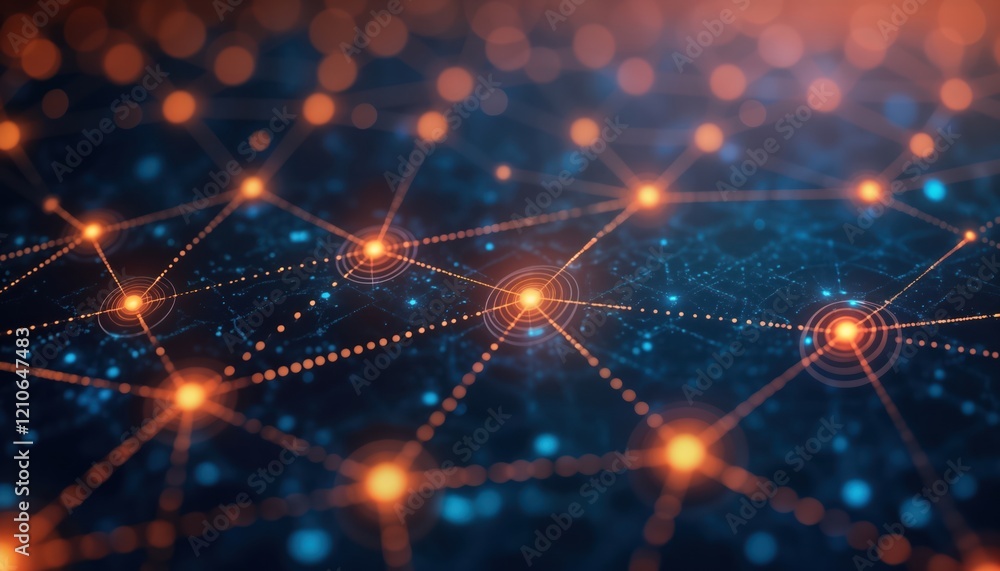 Poster abstract network of glowing nodes, connections represents deep learning processes. dynamic, futurist
