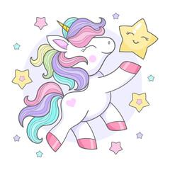 Cartoon white rainbow unicorn holding a star. For children's design prints, posters, cards, stickers, puzzles, etc. Vector Illustration