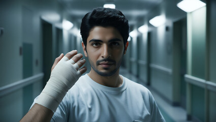 Obraz premium Hospital Corridor with Bandaged Arm
