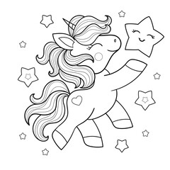Funny unicorn holding a star. Black and white linear drawing. Isolated on white background. For children's design of coloring books, prints, posters, stickers, postcards, etc. Vector illustration.