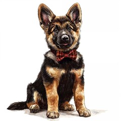 Fototapeta premium Cute German shepherd puppy wearing a bow tie in a playful pose on a white background