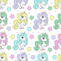 Pattern with rainbow unicorns and stars on white background. For children's fabric design, wallpaper, backgrounds, prints, posters, silkscreen printing, etc. Vector