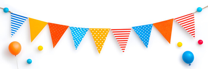 Obraz premium Colorful bunting party decoration with triangular flags in various hues, isolated on white background