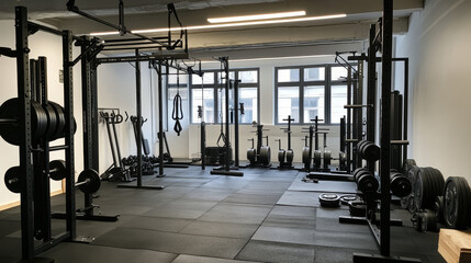 Fototapeta premium Functional fitness and CrossFit gym space, designed for high-intensity workouts and strength training. The facility is equipped with a variety of workout tools, including kettlebells, barbells, medici