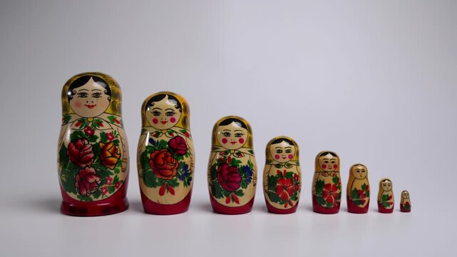 Russian Nesting Dolls on a White Background Slow push In