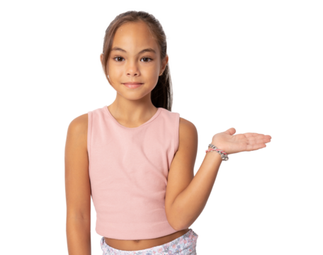 Close up of little girl holding something standing isolated over transparent background..PNG transparent.
