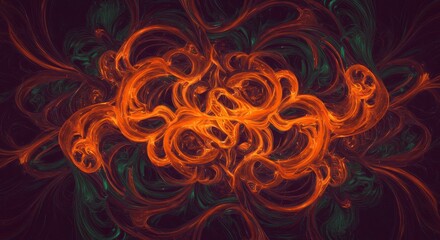 Fiery Abstract Swirl: An intense and captivating fractal art piece featuring swirling patterns in fiery orange and deep teal, creating a mesmerizing and symmetrical design.