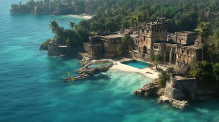 Architectural elements, houses, swimming pools, treetops, bushes, steps, and borders in a garden, isolated on a white background