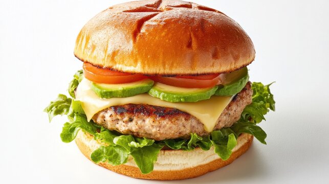 A gourmet turkey burger with a juicy turkey patty, melted Swiss cheese, avocado slices