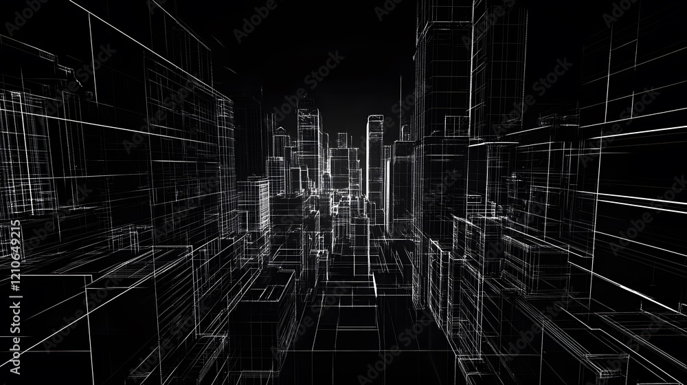 Poster abstract wireframe cityscape digital rendering