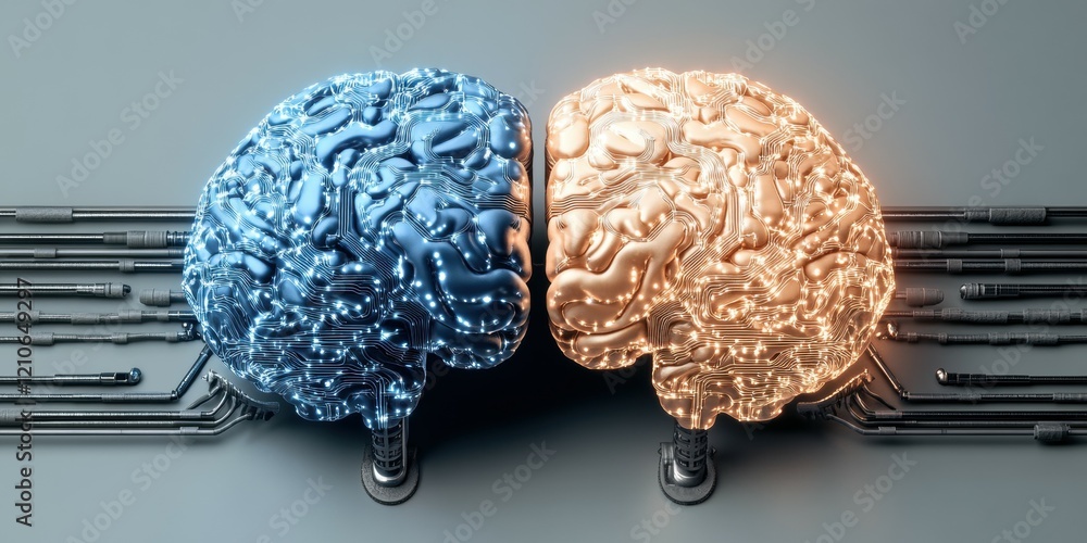 Poster conceptual image of a human brain with electronic circuits, symbolizing ai and technology.