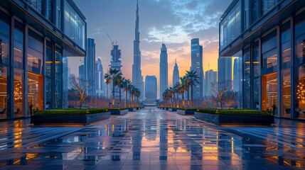 Obraz premium Metropolitan Square Framed by Modern Skyscrapers. Symmetrical layout in soft evening glow reflecting sleek urban design and bustling atmosphere in high definition photography styled in urban allure.