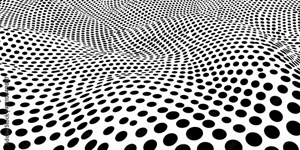 Poster an abstract black and white pattern of waves formed by circular dots.