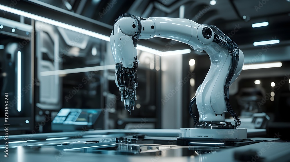 Poster advanced robotic arm automation technology future industrial modern manufacturing process white robo