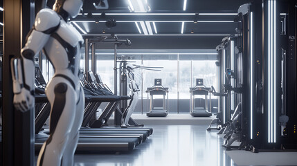A futuristic gym where robots coach fitness enthusiasts 