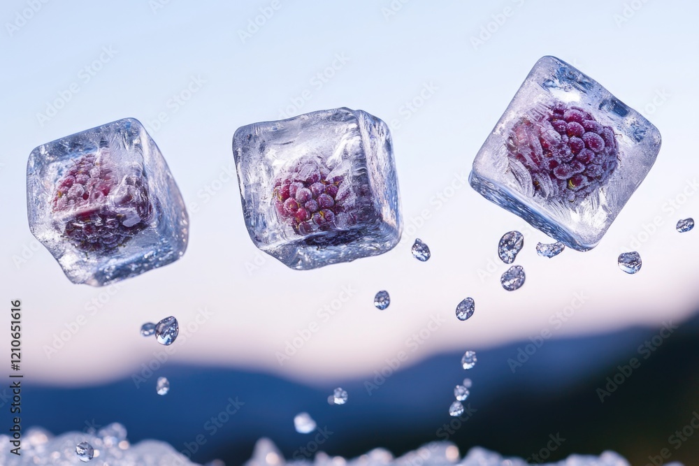 Poster single ice cube with a raspberry inside, perfect for garnishing drinks or adding a pop of color to y