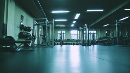 "Wide-angle indoor photo of a CrossFit gym, devoid of people, showcasing the spacious and well-organized environment. The gym features various fitness equipment such as barbells, kettlebells, pull-up