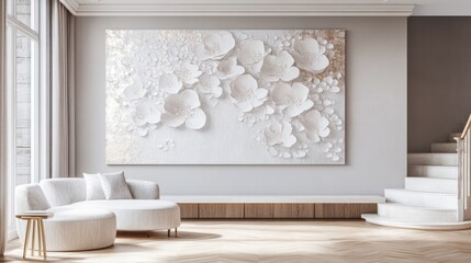 Elegant white floral wall art in modern living room with stairs