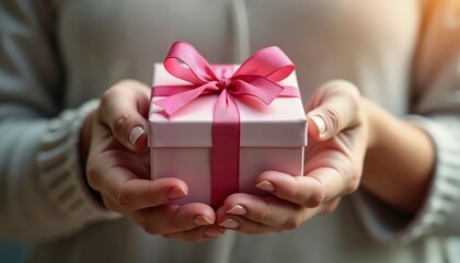 Woman holding pink ribbon gift box with care, celebrating Womens Day appreciation